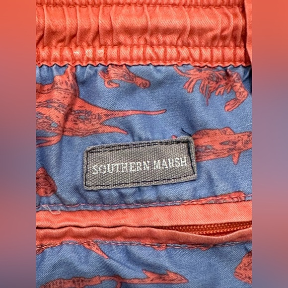 Men’s Southern Marsh Fishing Logo Blue/Red Lined Trunks Swim Shorts- Large - Picture 14 of 16